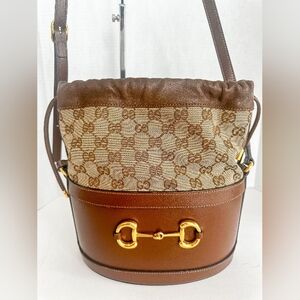 GUCCI Monogram Textured Calf skin Horsebit1955 Drawstring Bucket Bag Beige Brown